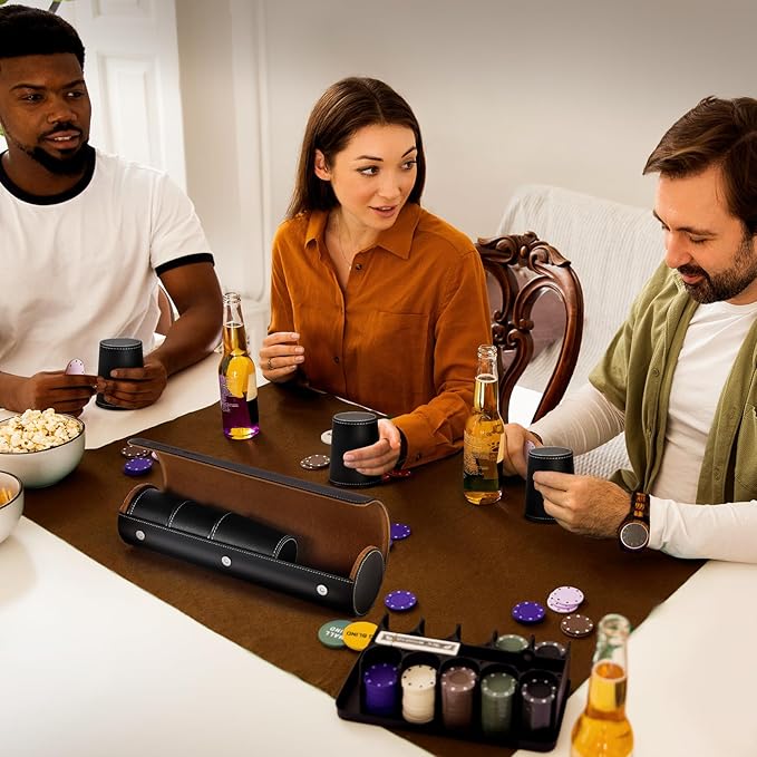 Leather Dice Cup Set, 5 Black Leather Dice Cups + 25 Dice + Exclusive Storage and Transport Case