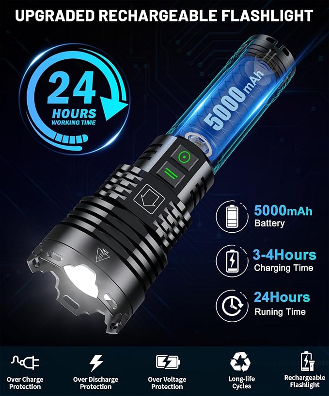 LED Rechargeable Flashlights High Lumens,6000.000 Lumens Super Bright Flashlight with Type-C