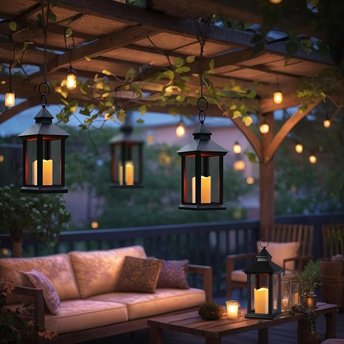 Lanterns Decorative Indoor, 1 Pack Black Outdoor Lantern with Timer, 14" Lantern Waterproof with