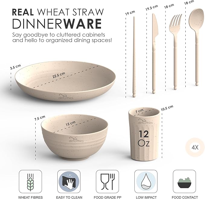 Wheat Straw Dinnerware Sets for 4 - Alternate To Plastic Dinnerware Set - Dishwasher Safe Microwave