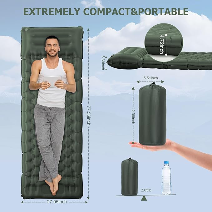 Sleeping Pad for Camping, Ultralight 4.7" Extra-Thick Inflatable Camping Mat with Pillow Built-in