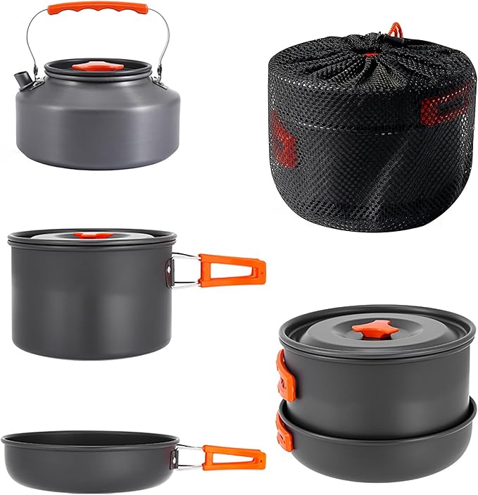 aiGear 3pcs Camping Cookware Mess Kit, Non-Stick Camping Pan Pot Kettle, Lightweight Aluminum