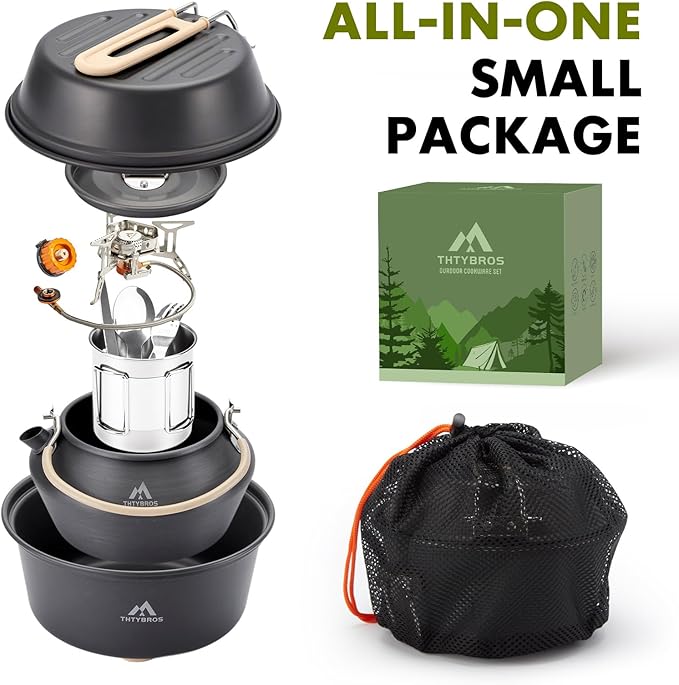 17pcs Camping Cookware Kit, 0.45Gal Pot, 7inches Pan,0.30Gal Kettle Set with 2 Set Stainless Steel