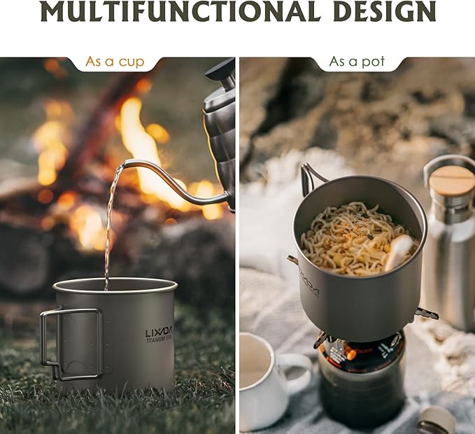 Lixada Titanium Pot, Lightweight Camping Pot Titanium Cup Titanium Backpacking Pot with Portable