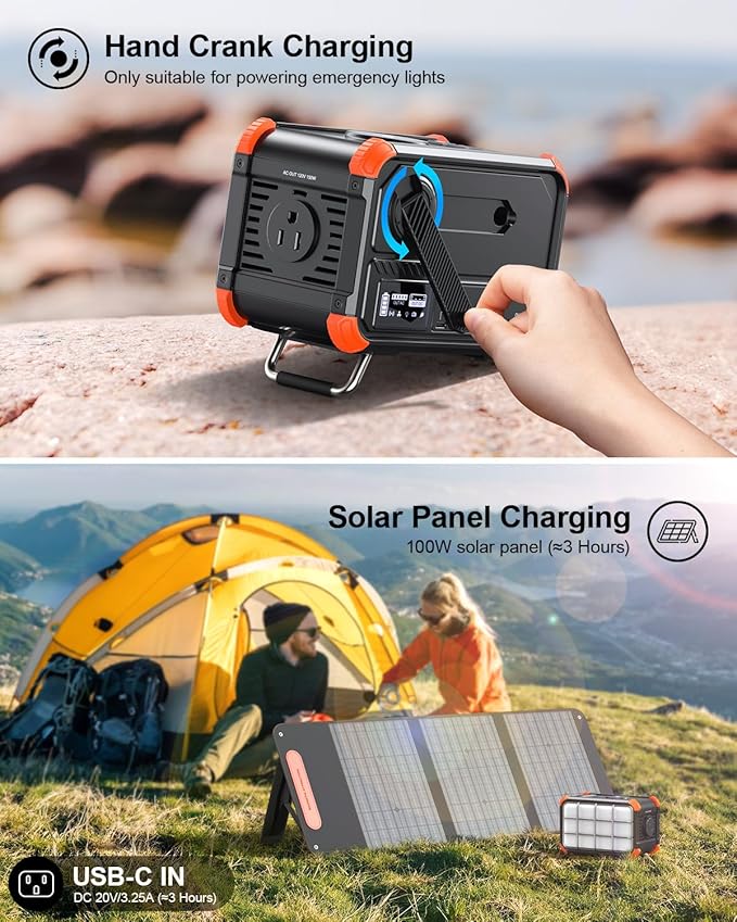 BROWEY Portable Power Station 153Wh Camping Small Solar Generator with Hand Crank 120V 150W AC