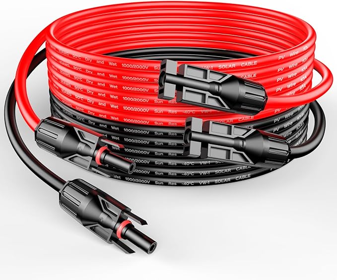 RICH SOLAR 10 Gauge 10AWG One Pair 10 Feet Red + 10 Feet Black Solar Panel Extension Cable Wire