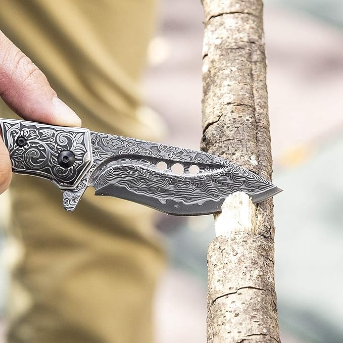 hand made damascus steel pocket knife, 3.1 inch outdoor folding knife, camping rosewood handle with