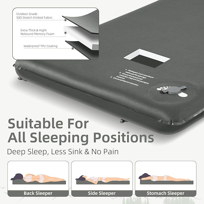 Memory Sleeping Pad, 3.1" Ultra-Thick Foam Sleeping Mats for Camping, Easy Inflate&Deflate,9.5