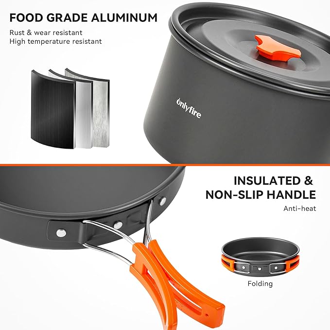 Onlyfire 15pcs Camping Cookware Mess Kit, Non-Stick Lightweight Pot Pan Kettle Set with Plates