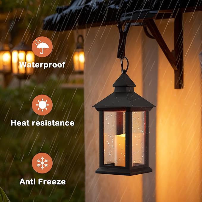 Lanterns Decorative Indoor, 1 Pack Black Outdoor Lantern with Timer, 14" Lantern Waterproof with