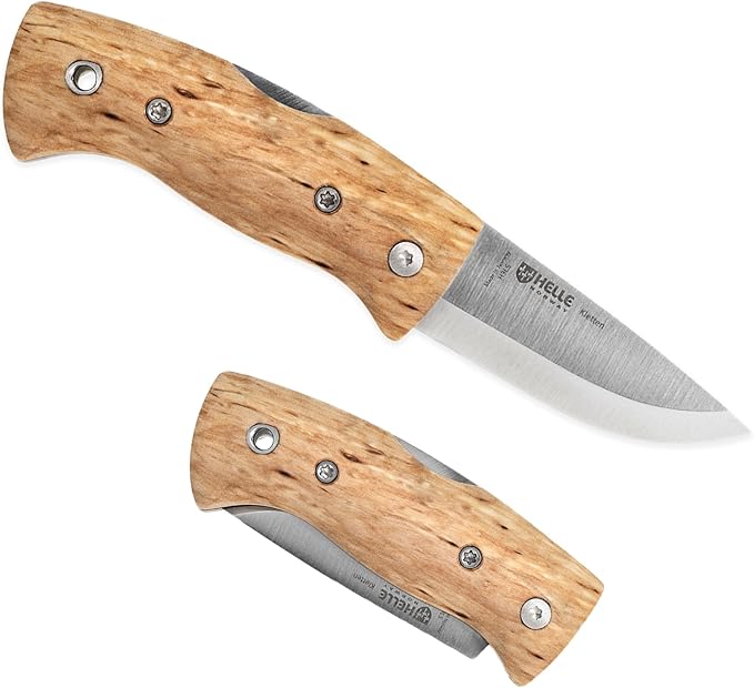 HELLE Knives - Kletten - Folding EDC Pocket Knife - Birch Wood Handle - Triple Laminated Stainless