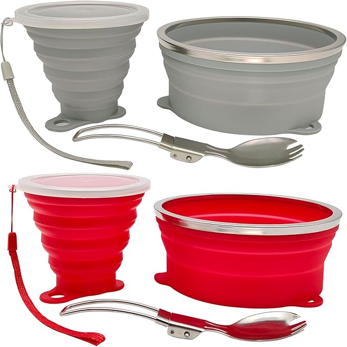 Mess Kit for Camping Silicone Collapsible Bowl Collapsible Cup and Stainless Steel Spoon for