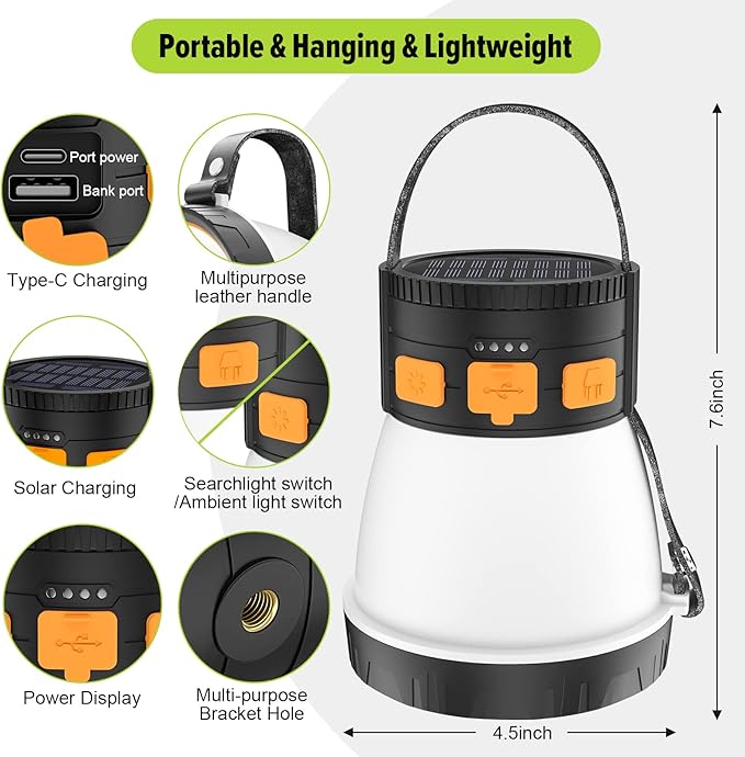 LED Camping Lantern, 1500 Lumens Camping Lantern Rechargeable with Solar Panel Charging