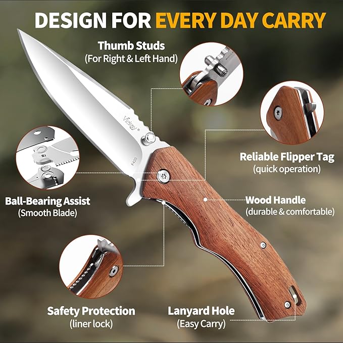 Vickay Pocket Knife for Men, 3.4" 8Cr13MoV Steel Blade, Wood Handle EDC Folding Knife with Liner