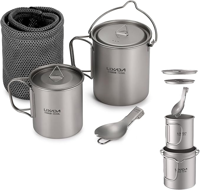 Lixada Titanium Camping Cookware with Folding Spork, 750ml Camping Titanium Pot & 450ml Coffee Mug