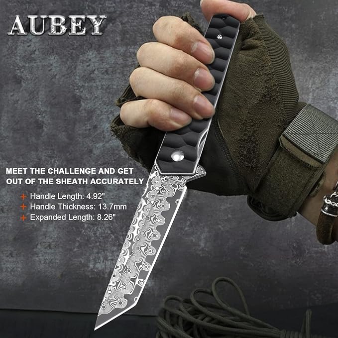 AUBEY Damascus Pocket Knife with Clip, Tanto Blade Damascus Steel Folding Knives for Men Tactical