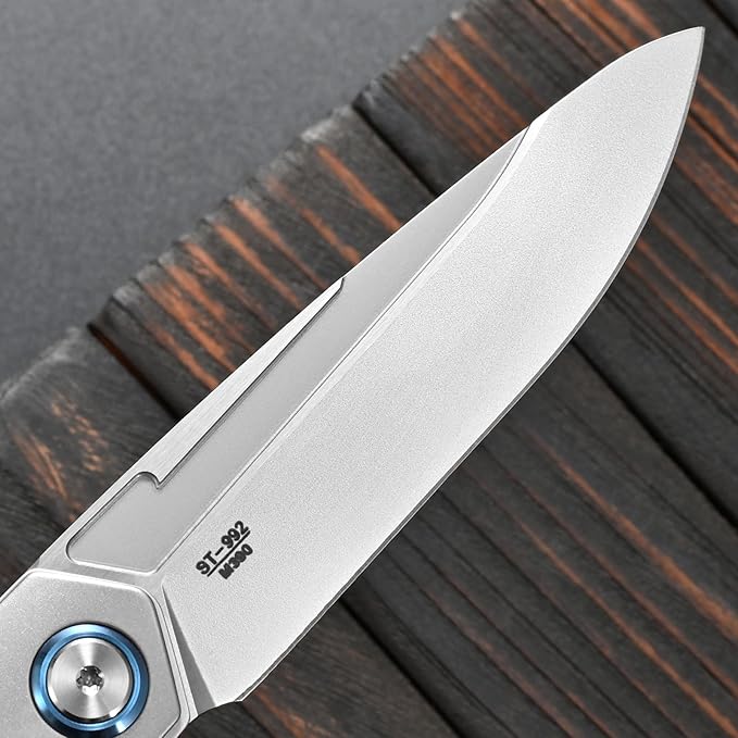 Sitivien ST992 Folding Pocket Knife,Handmade M390 Pearlescent Brushed Steel Blade,Titanium Carbon