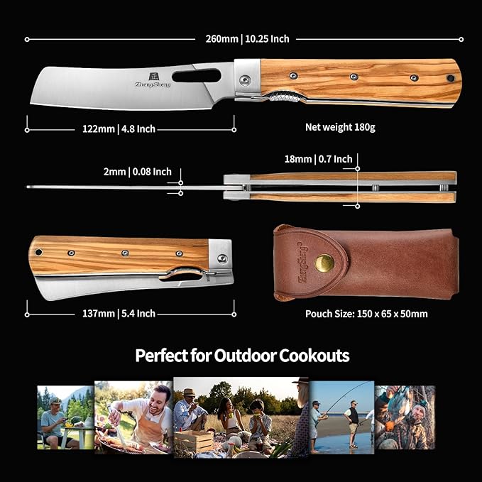 Folding Chef Knife with Leather Pouch 4.8” Sharp 440A Stainless Steel Blade Olive Handle Pocket