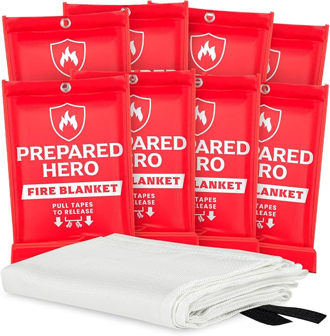 Prepared Hero Emergency Fire Blanket - 8 Pack - 40" x 40" Fiberglass Suppression Blanket for