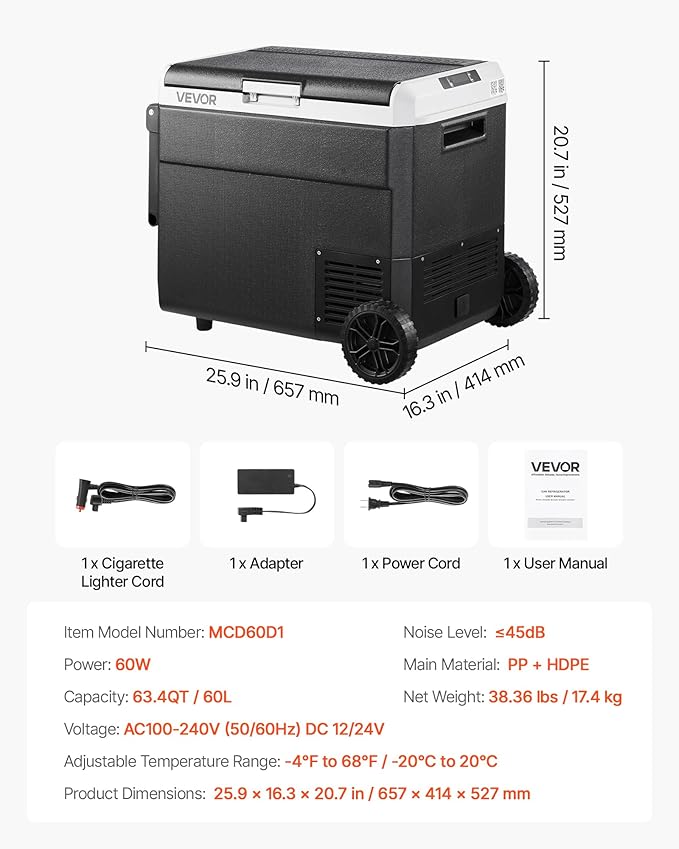 VEVOR 63.4QT/60L Car Fridge, Portable Electric Cooler with Wheels and Handle, -4℉~68℉, 12/24V DC