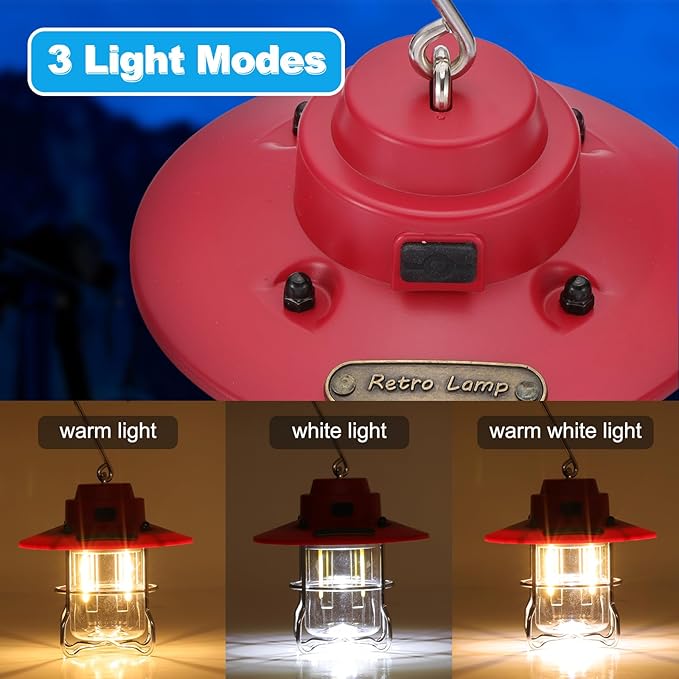 PATIKIL LED Camping Lantern, 2 Pack Vintage Rechargeable Lantern 3 Light Modes Portable Hanging