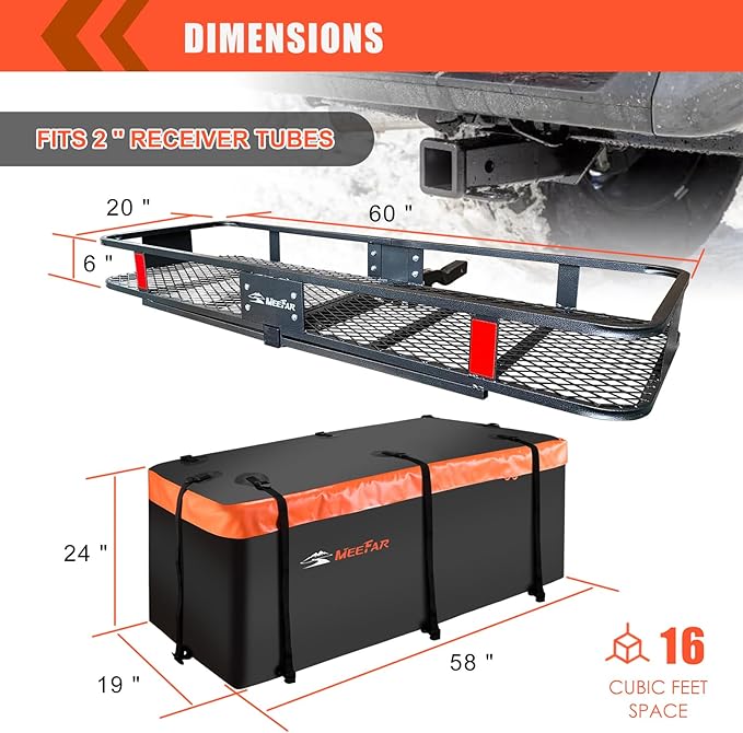 MeeFar Folding Hitch Mount Cargo Carrier Basket 60" X 20" X 6"+Waterproof Cargo Bag 16 Cubic