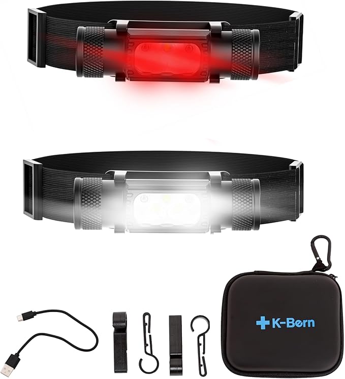 K-Bern Red & White Rechargeable Headlamp, 1500 Lumens, UL Approved 3500 mAh Battery, Ultra Bright