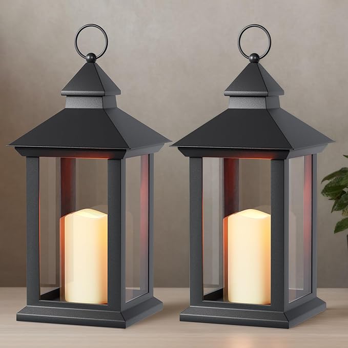 Lanterns Decorative Indoor, 2 Pack Black Outdoor Lantern with Timer, 14" Lantern Waterproof with