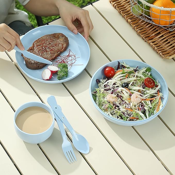 Evanda Camping Mess Kit with Bowl, Plate, Cup, Spoon, Fork, Knife and Carry Bag, Reusable Camping