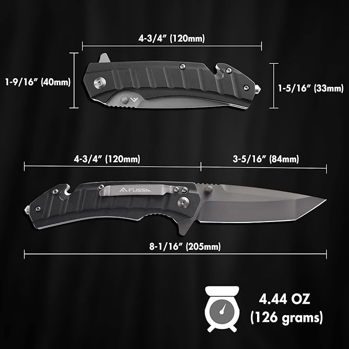 FLISSA Folding Pocket Knife, Tactical Knife with Liner Lock, Tanto Blade, Pocket Clip, Glass
