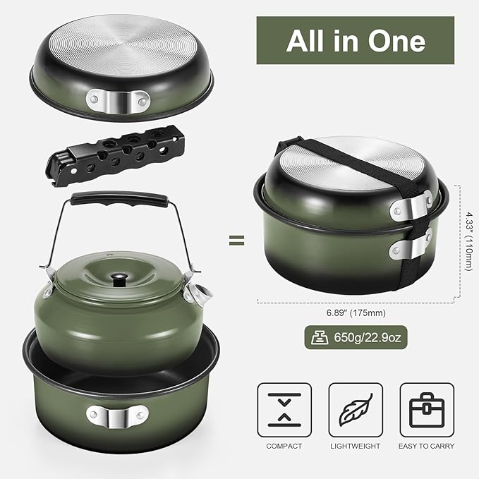 Odoland 5pcs Camping Cookware Non-Stick Camping Pot and Pan Set with Kettle and Removable Handle