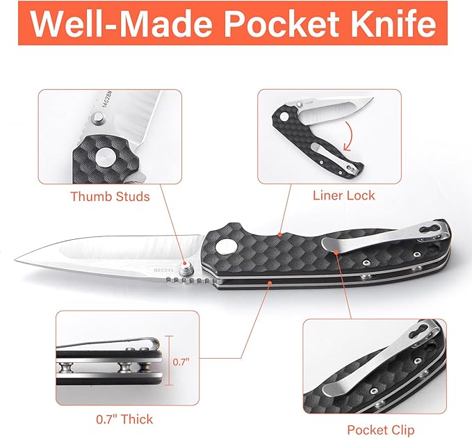 Men's Folding Pocket Knife – 3.4" Sandvik 14C28N Blade G10 Handle Ceramic Bearings Liner Lock Deep