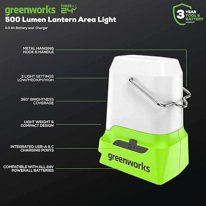 Greenworks 24V Lantern Cordless 500lm Camping Light Kit with USB-A and USB-C Port, 2Ah Battery and