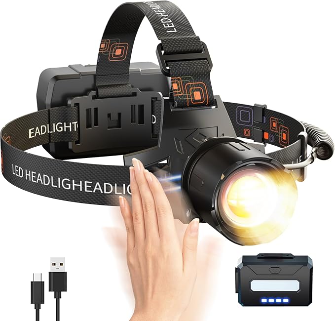 SKYFIRE Rechargeable Headlamp High Lumens, 7500mAh Motion Sensor LED Head Light with Zoomable, 13
