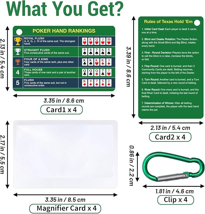 4-Pack (8 Cards) Poker Hand Rankings Cards Set with Magnifier & Clip, Texas Hold'em Cheat Sheet &