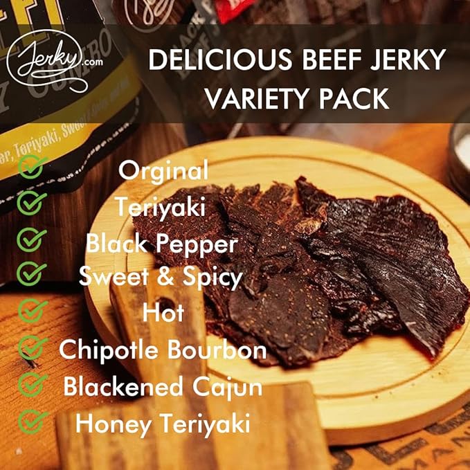 Jerky.com Beef Jerky Sampler - Featuring Original, Black Pepper, Teriyaki, Sweet & Spicy, Hot