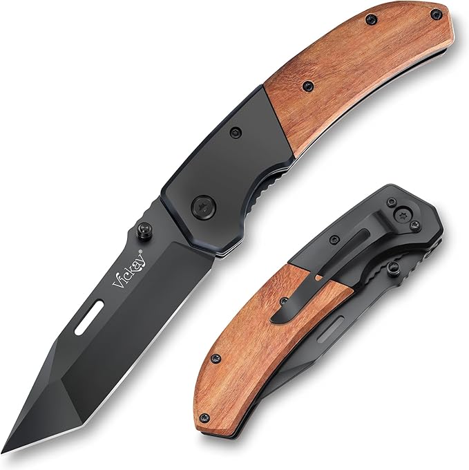 Vickay Pocket Knife, Folding Knife with Clip - 3.54??Steel Blade, Wood Handle EDC Knife for Men &
