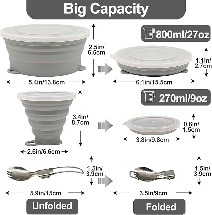 Mess Kit for Camping Silicone Collapsible Bowl Collapsible Cup and Stainless Steel Spoon for