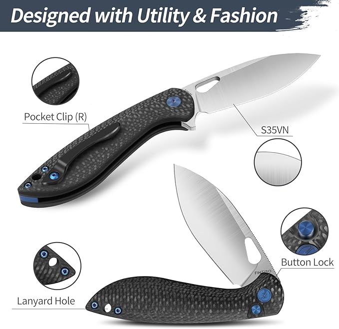 Pocket Knife, 3.1" Unique S35VN Blade Folding Knife with Button Lock, EDC Knife with Carbon Fiber