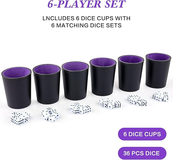 Felt-Lined PU Leather Dice Cup Set, 6 Quiet Dice Shaker Cups with 36 Dices for Bar Party Yahtzee
