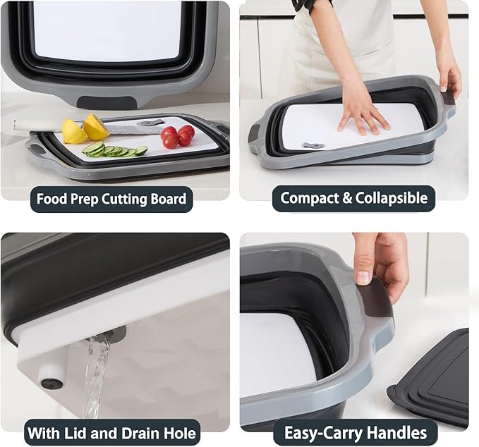 Collapsible BBQ Prep Tubs with Lids, Grill Cutting Board, Camping Sink with Drainage Hole for Meal