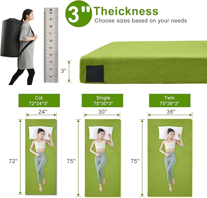 Memory Foam Camping Mattress pad, Comfortable Thick Floor Sleeping Mat for Adults with Waterproof