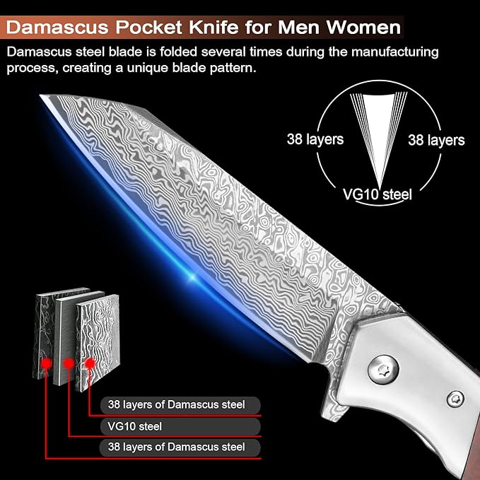 KOMWERO Damascus Pocket Knife with Clip Leather Sheath, 3.14 inch Sharp Damascus Steel Knife with