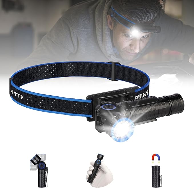 Brinyte HL18 Rechargeable Right Angle Headlamp Detachable L-Shape Flashlight with Magnetic Base 90