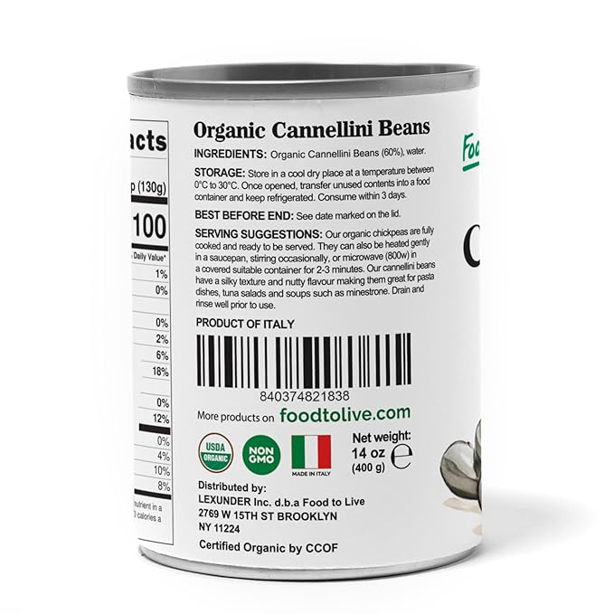 Food to Live Organic Italian Canned Cannellini Beans, 14 oz (Pack of 1) - Unsalted Non-GMO White