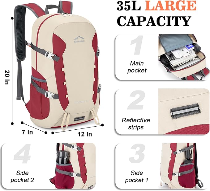 Hiking Backpack,Large 35L Travel Backpacks for Men Women,Water Resistant Ultra Lightweight Foldable