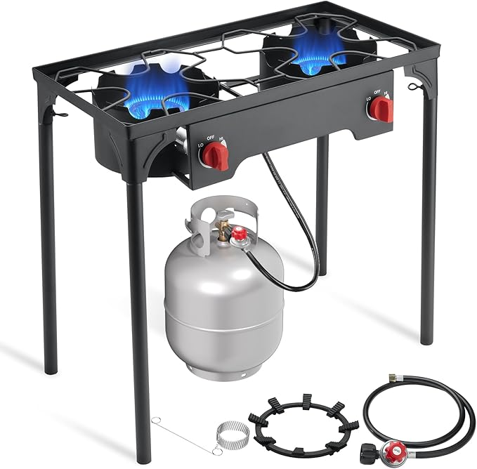 SKOK 2 Burner Propane Stove - Portable Camping Stove with 150,000BTU High Efficiency Propane