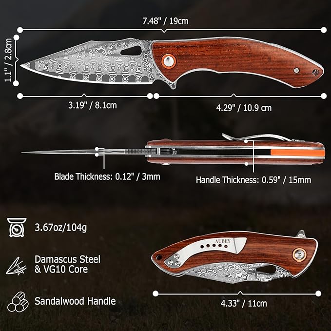 AUBEY Damascus Folding Knife with Clip, Pocket Knife with Wood Handle, EDC Knife for Outdoor Hiking
