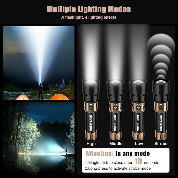 SKYFIRE LED Flashlights High Lumens,10000mAh Super Bright Rechargeable Flashlight,Zoomable,Four