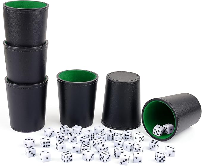 Felt-Lined PU Leather Dice Cup Set, 6 Quiet Dice Shaker Cups with 36 Dices for Bar Party Yahtzee